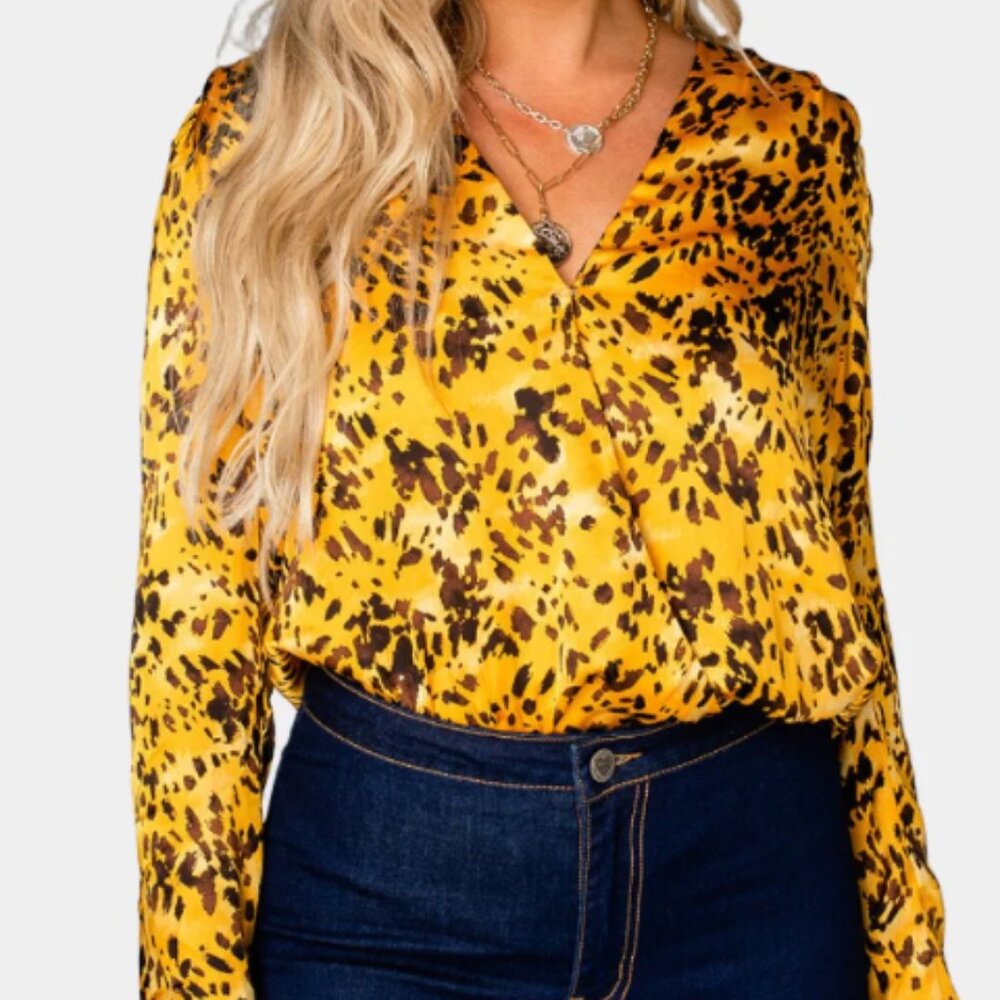 Buddy Love Melissa Surplice Long Sleeve Bodysuit - Tortoiseshell